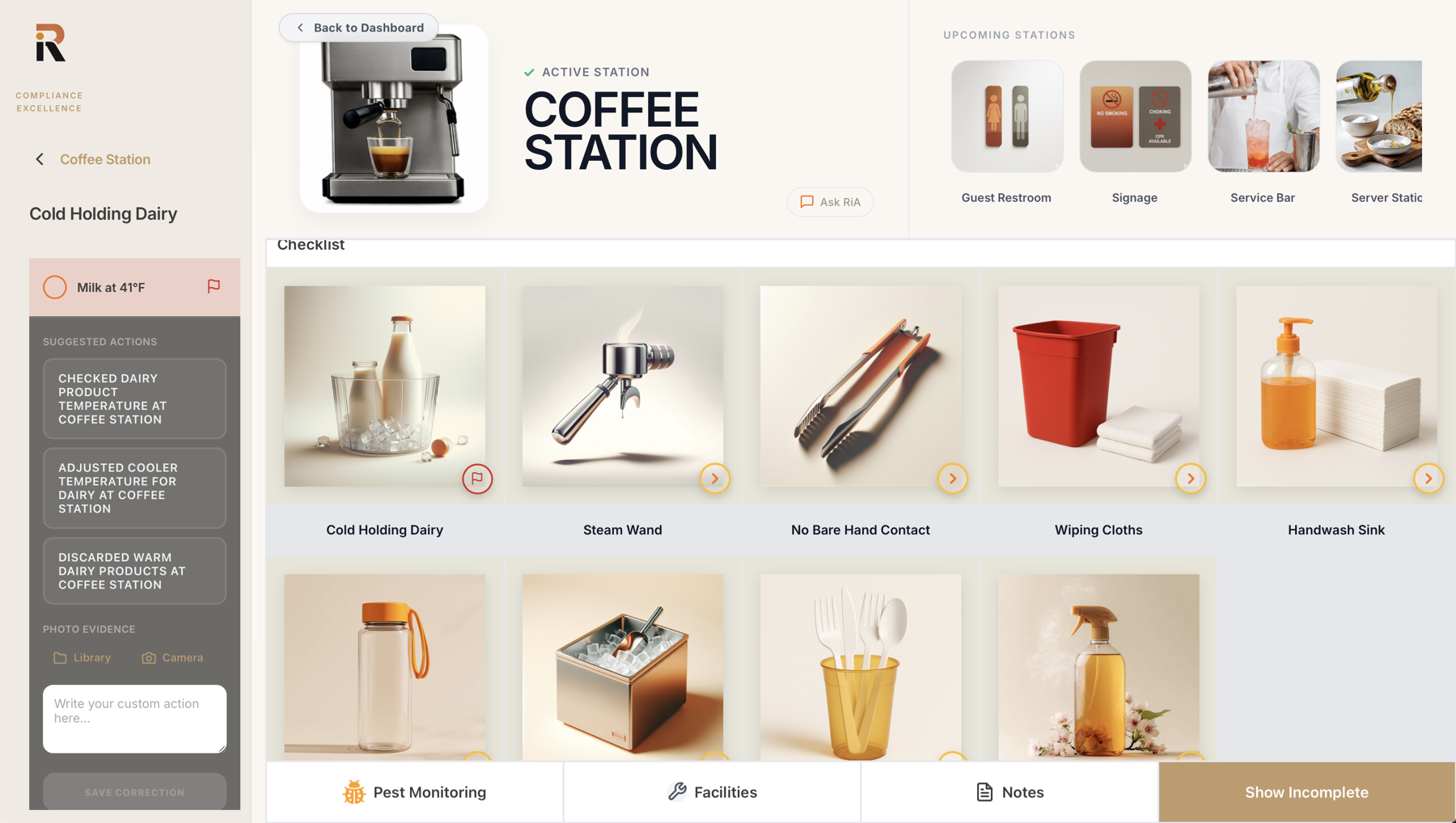 RiA-Sure — Coffee Station inspection with a flagged violation and suggested corrective actions