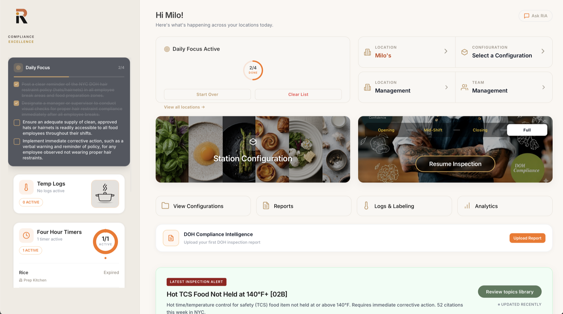 RiA-Sure dashboard — daily focus, timers, and inspection launch