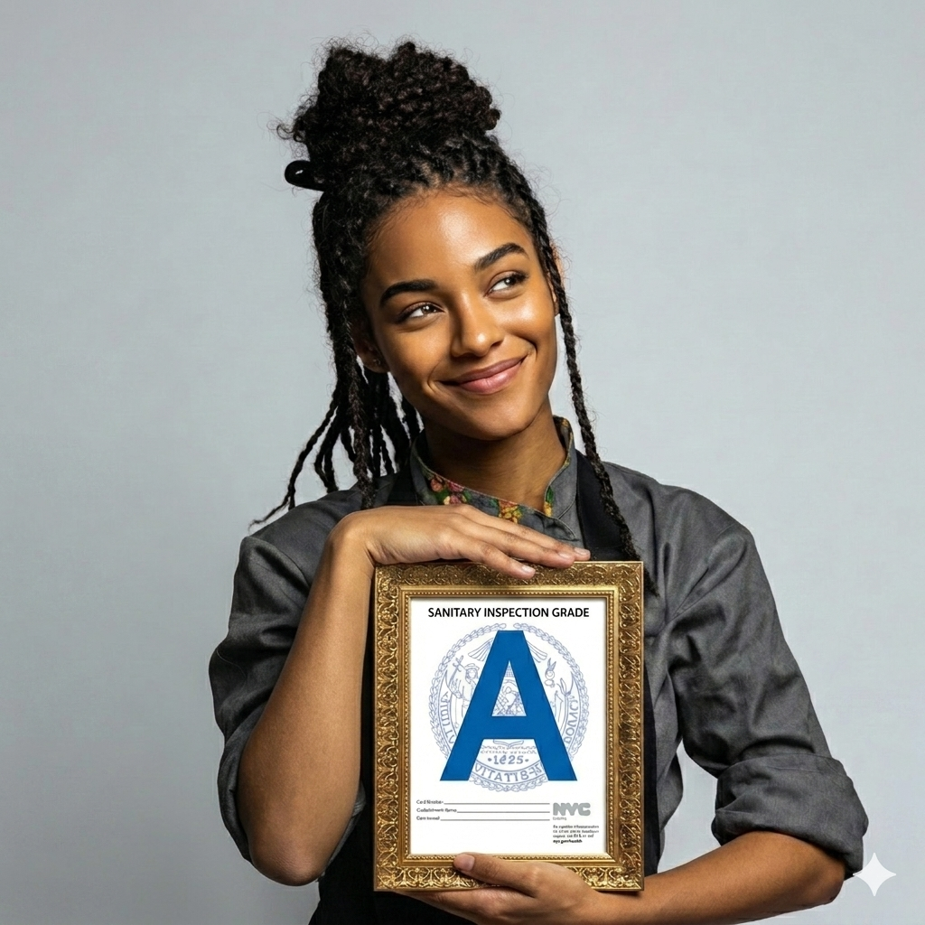 Server proudly holding an NYC sanitary inspection grade A